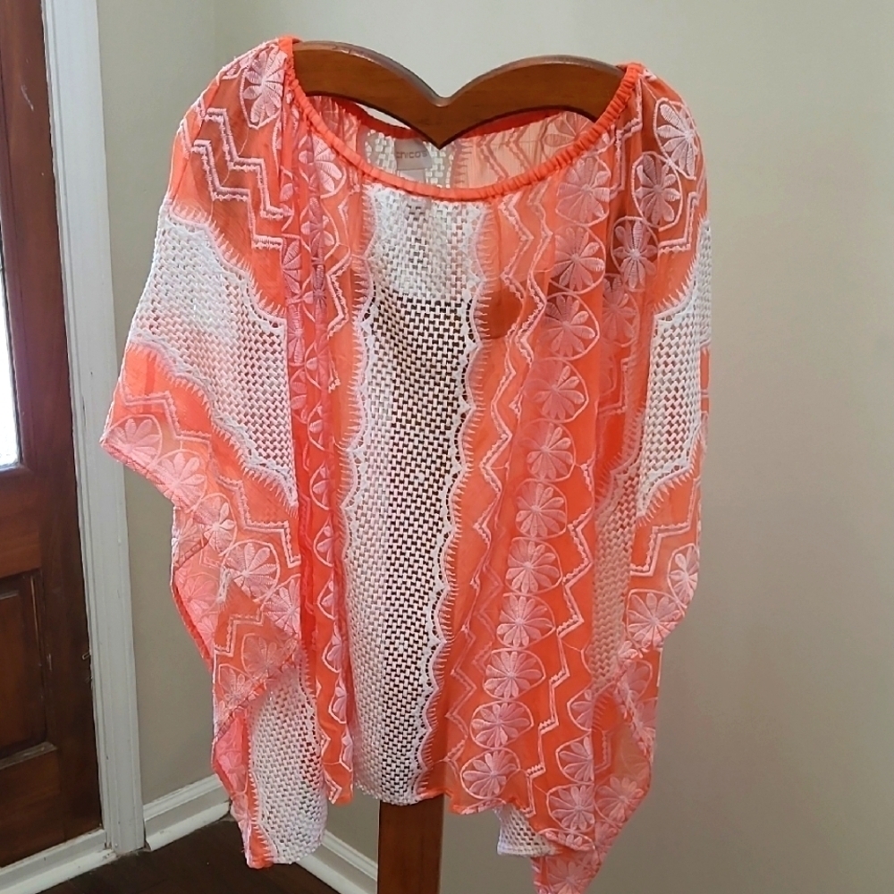 Chico's Salmon & Creamy White Embroidered Oversized Pancho size L/XL